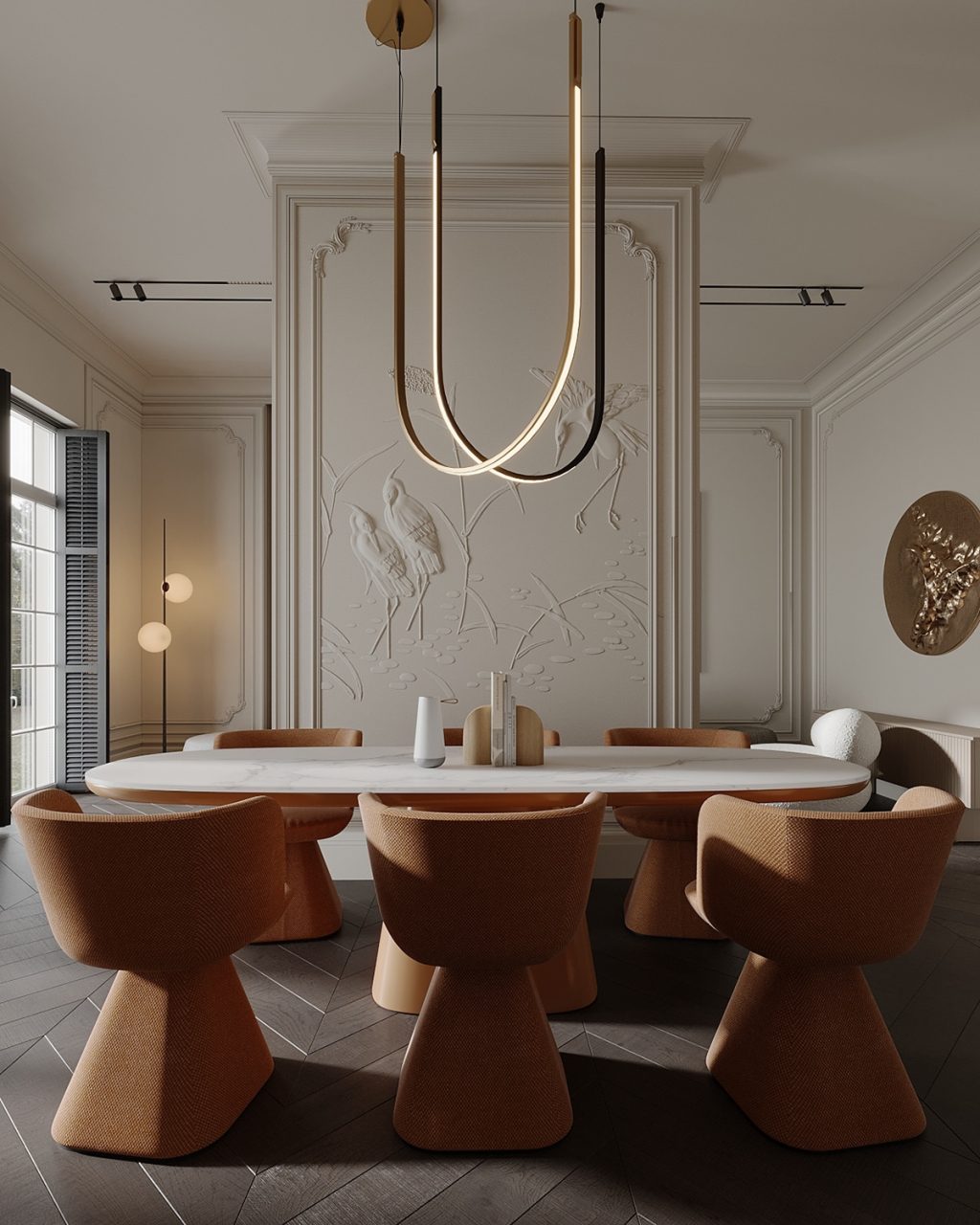 sleek chandelier over dining table