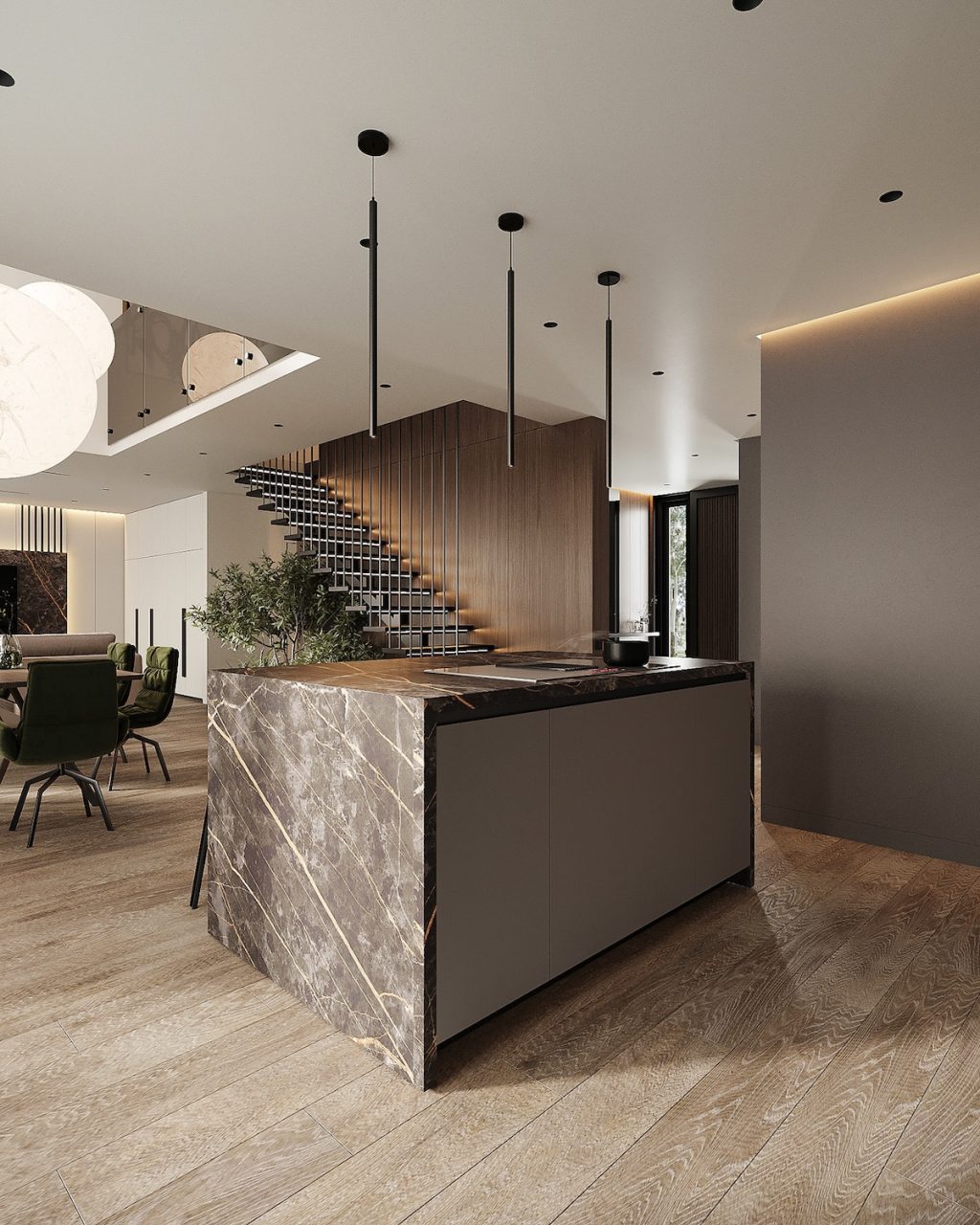 sleek kitchen island and wooden floor