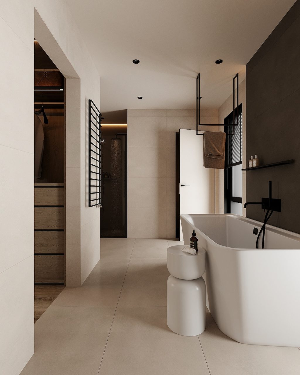 sleek light bathroom interior with blacket hardware