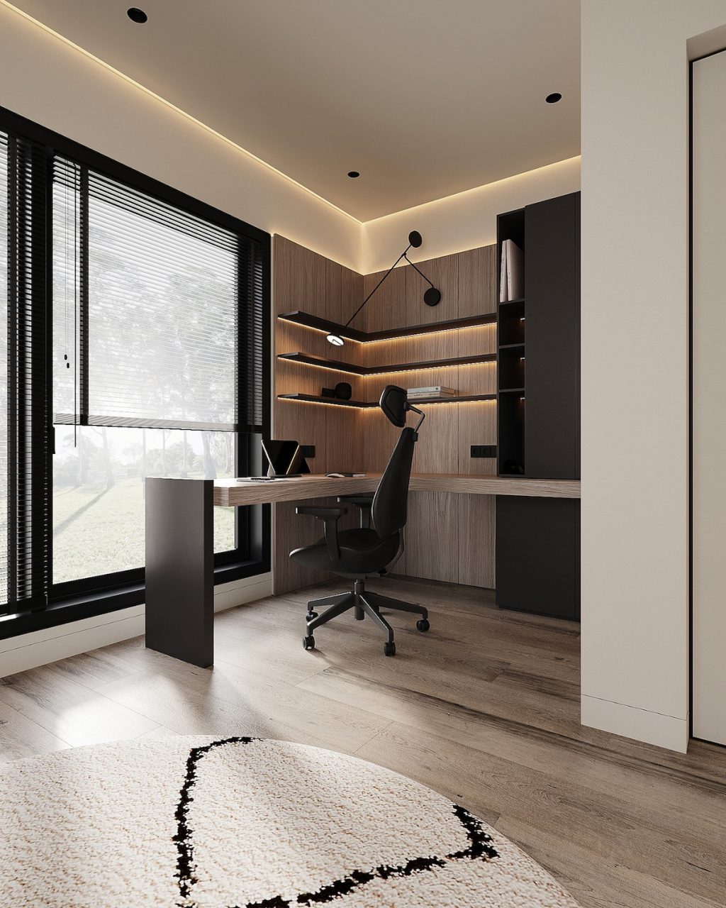 sleek workspace with wooden accents