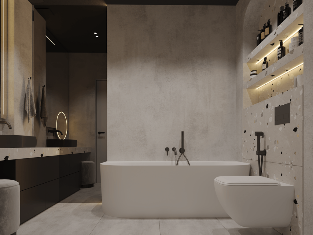 stunning modern bathroom with tub and toilet