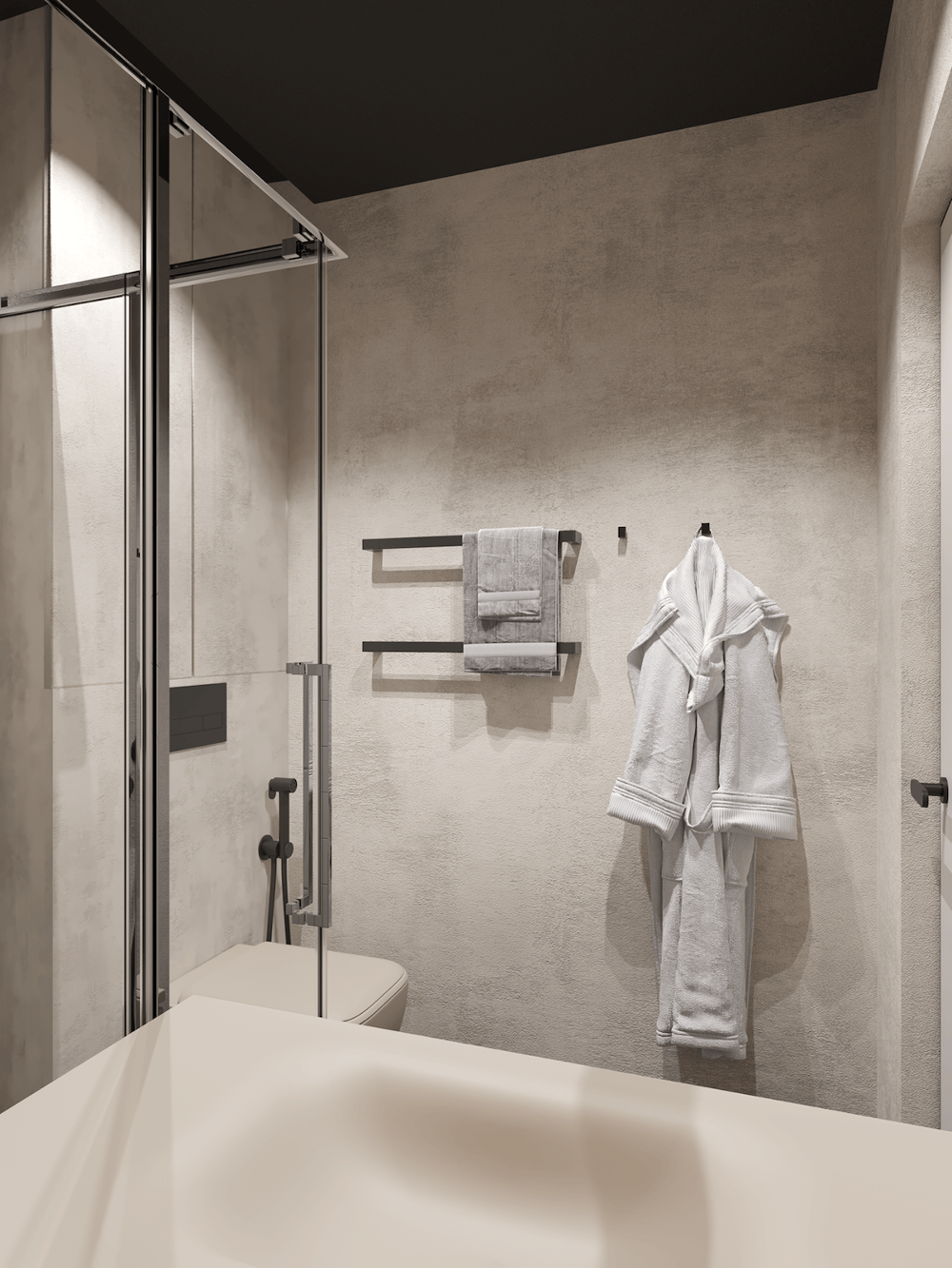 towel rack and hook in minimalist bathroom