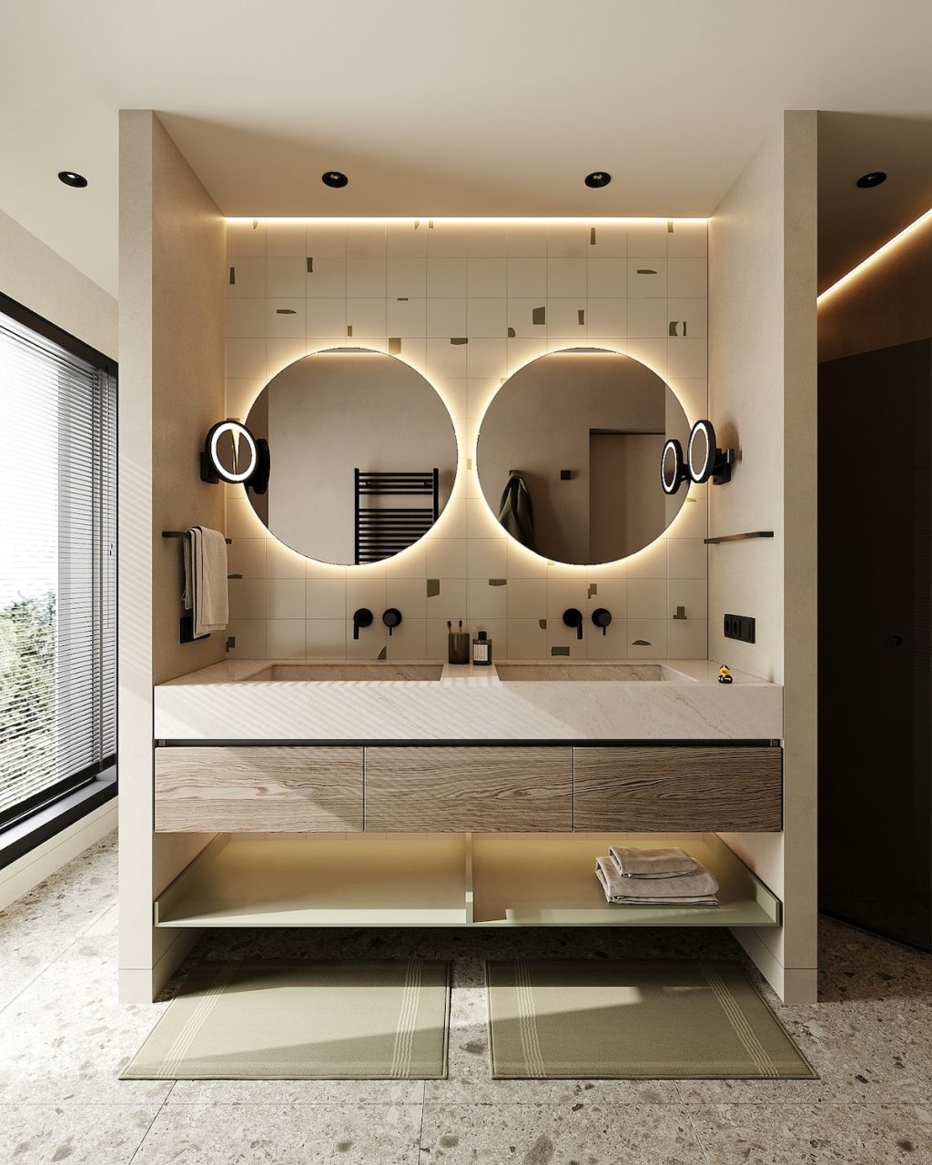 visually interesting double vanity in bathroom