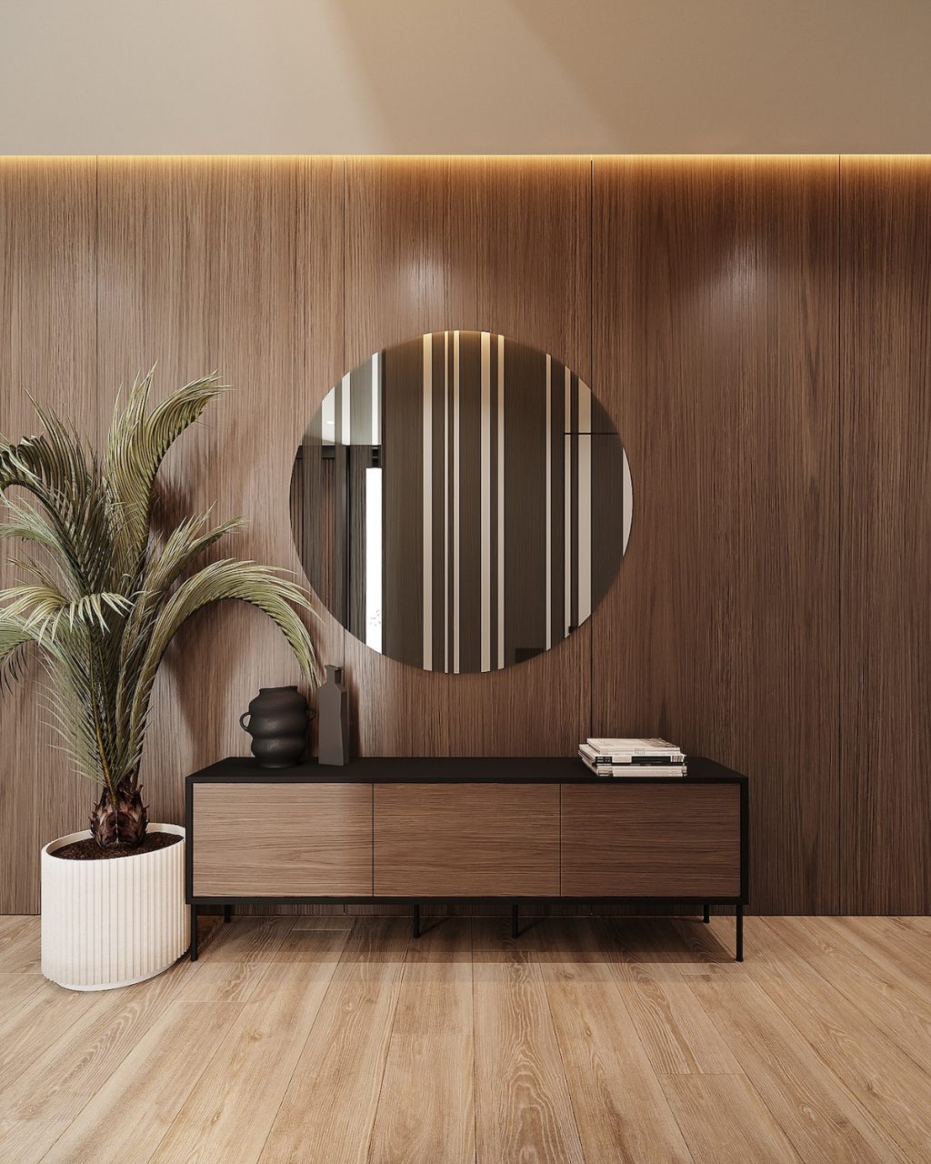 wooden wall with console table and mirror