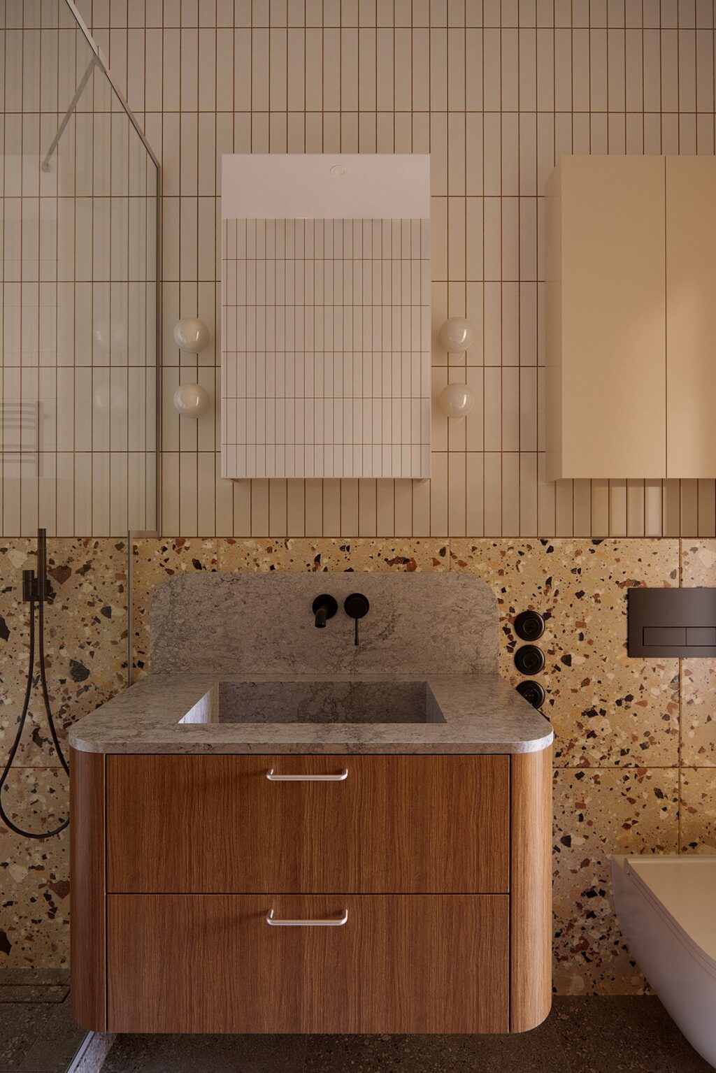 bathroom with terrazzo and striped tiles