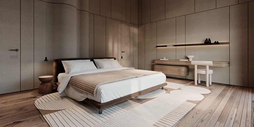 beige bedroom with textured bedding