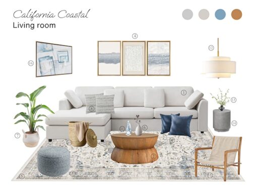 California Coastal Living Room Board with Shopping List