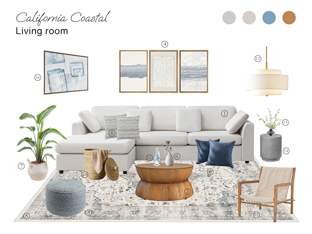 california coastal living room moodboard