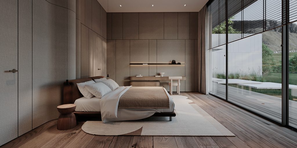 cozy bedroom with circular forms