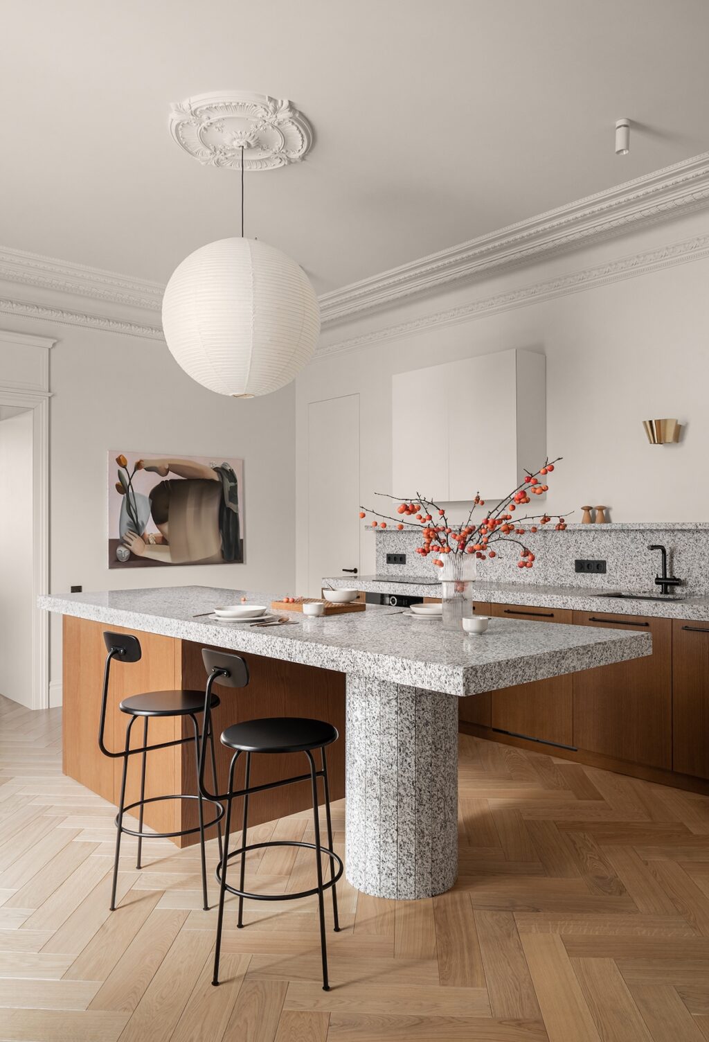 italian style kitchen with marble island