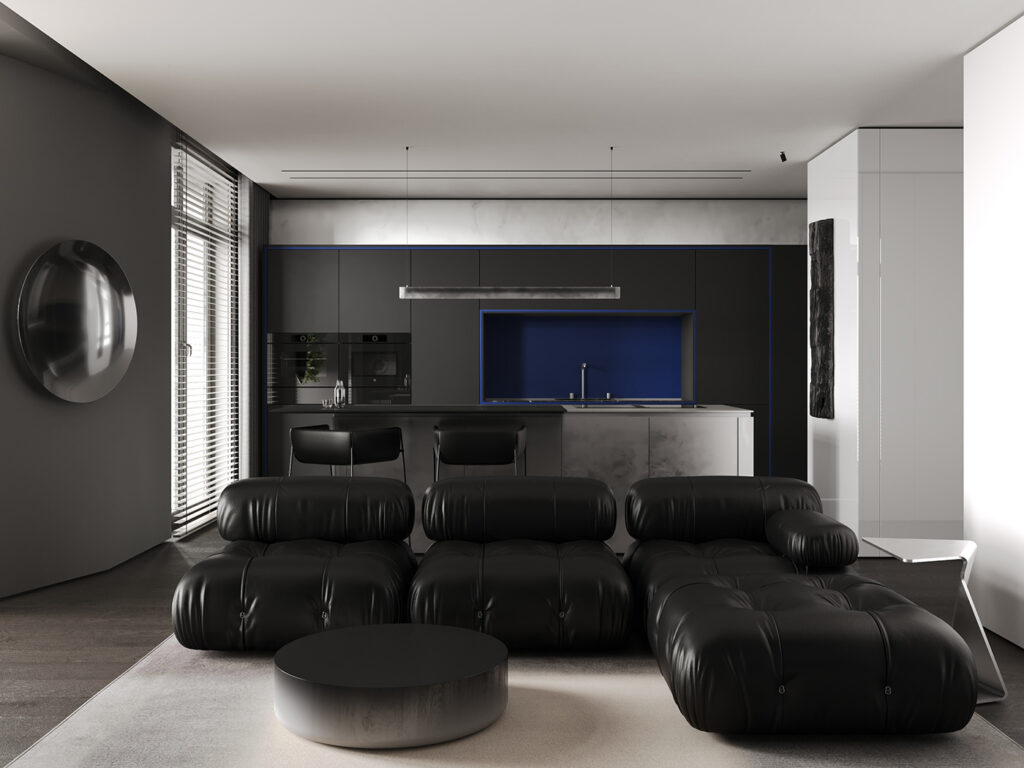 living room with unique black leather sofa