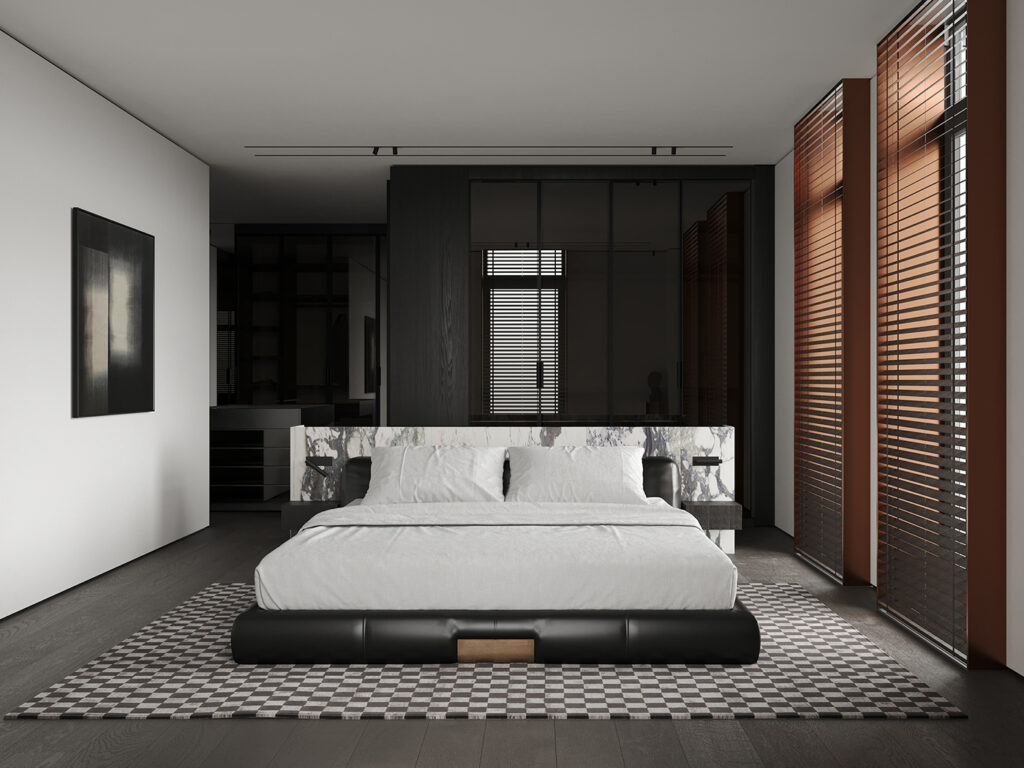 modern minimalist bedroom with blinds