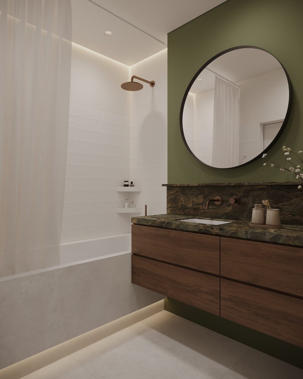 olive green and wooden bathroom vanity