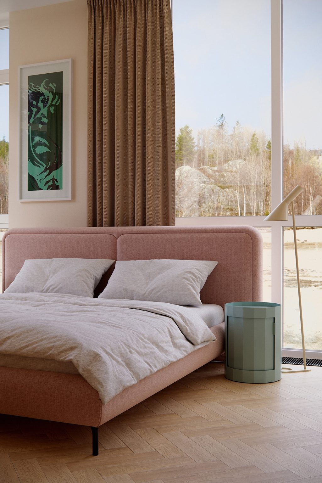 pink bed and green nightstand in room