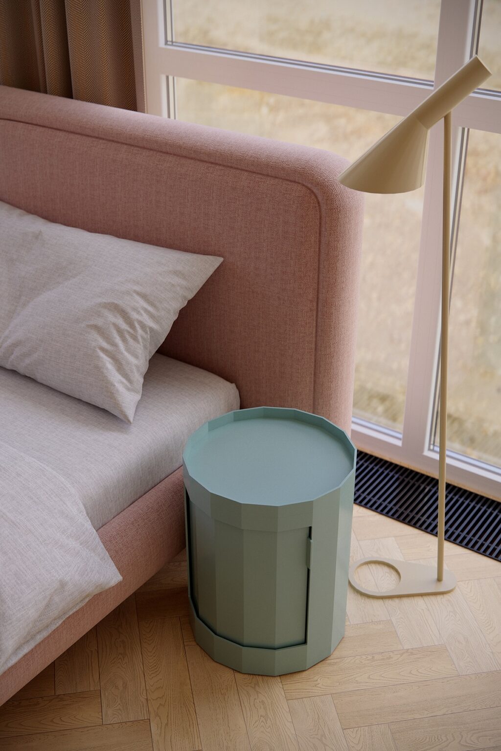 sleek floor lamp over nightstand