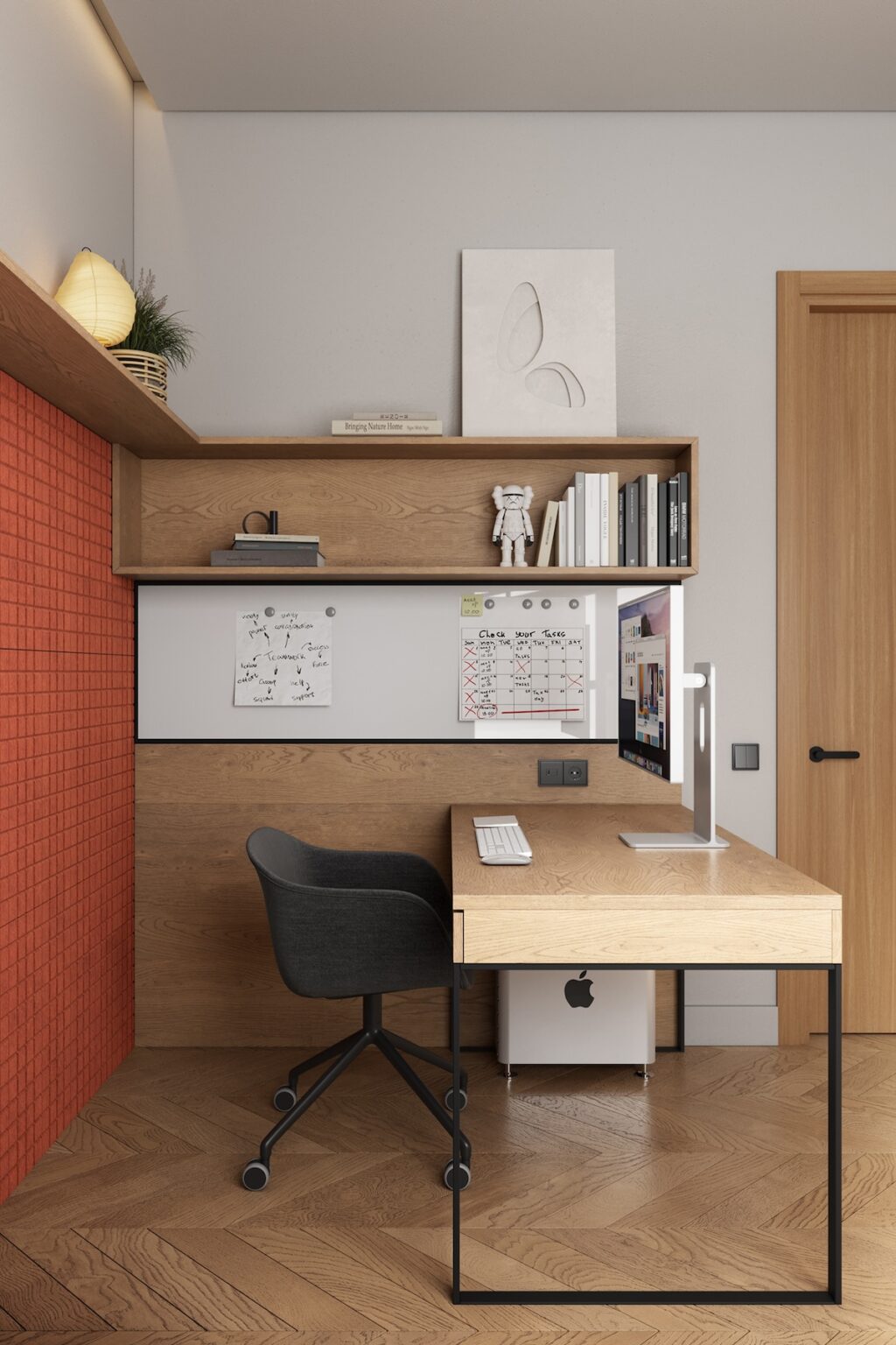 stylish home office with red wall