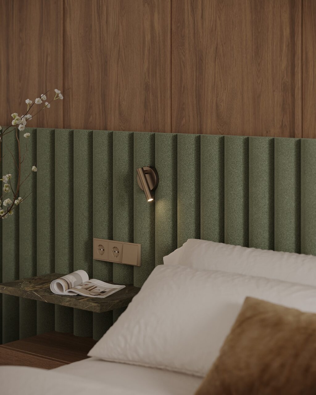 textured olive green headboard