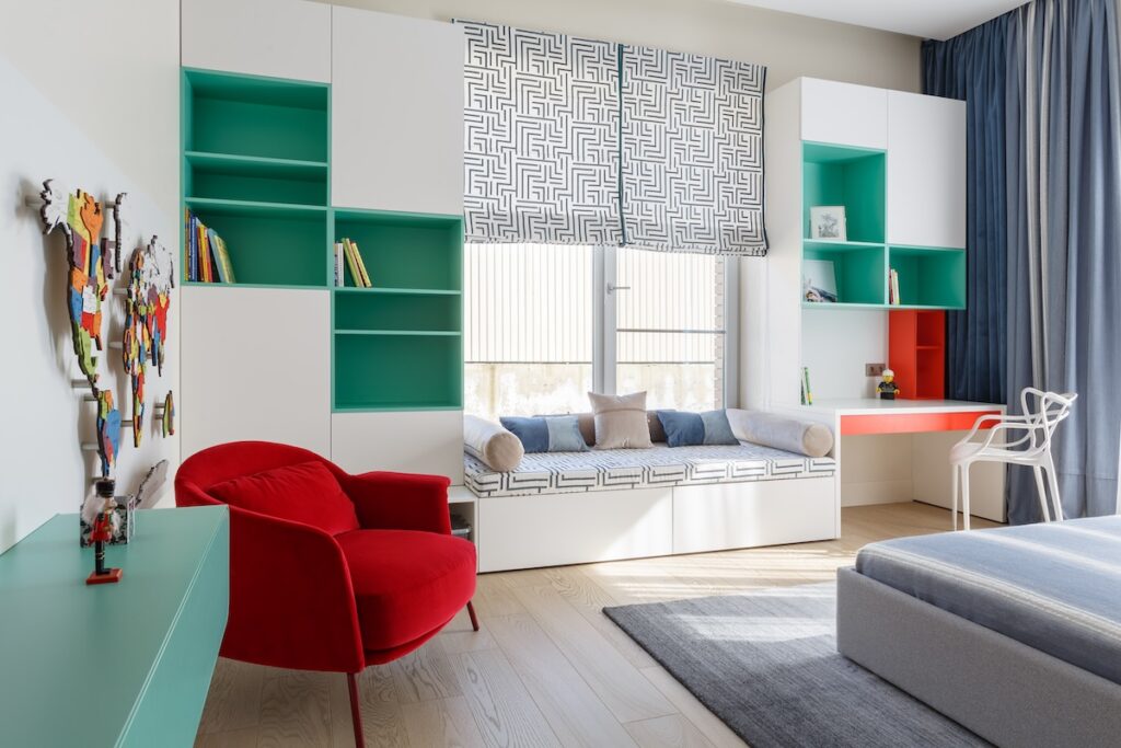 white bedroom with playful pops of color