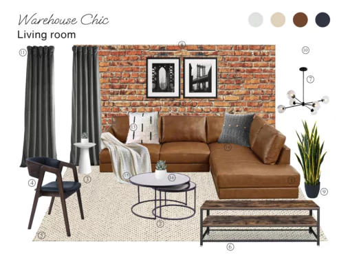 Warehouse Chic Living Room with Shopping List