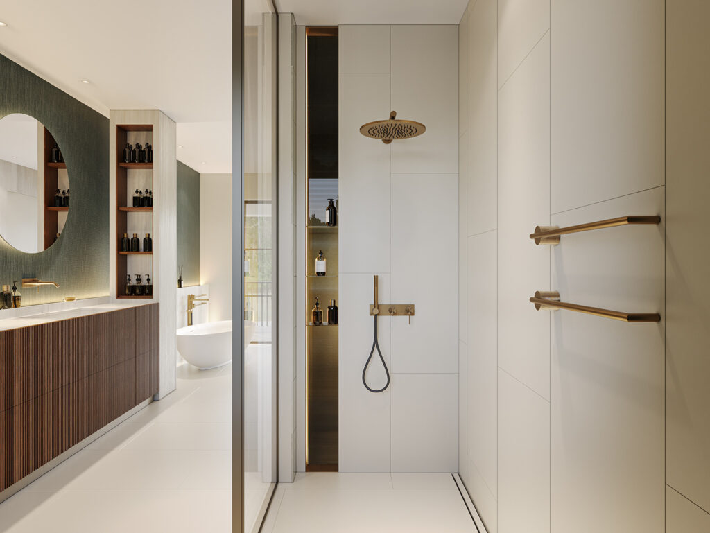 bathroom with gold hardware