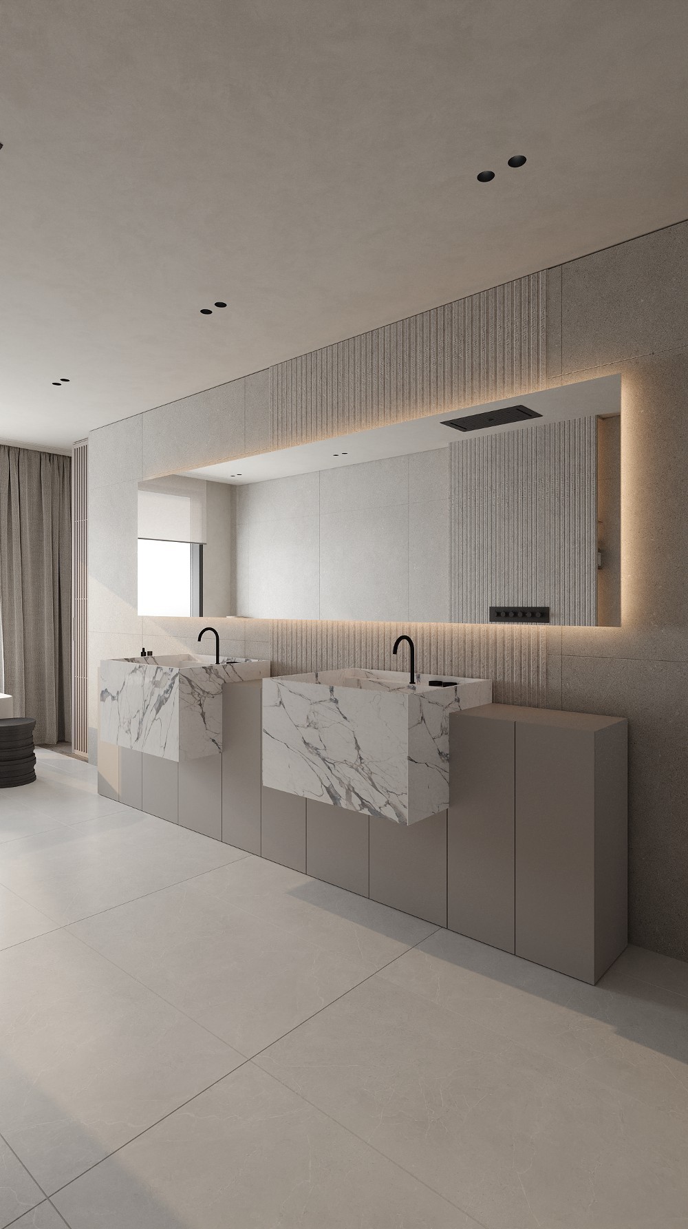 beige bathroom with double marble vanity