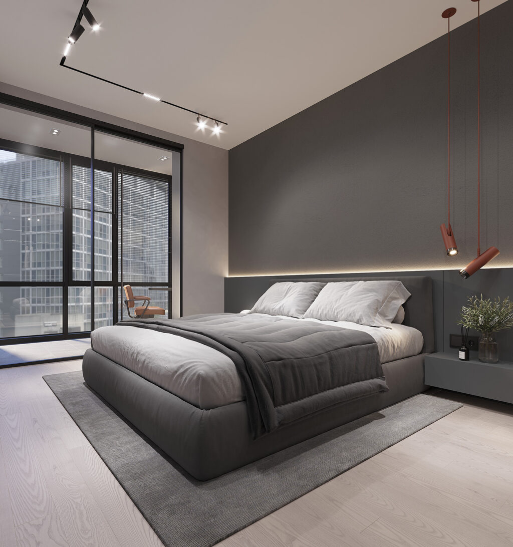 large windows in gray bedroom