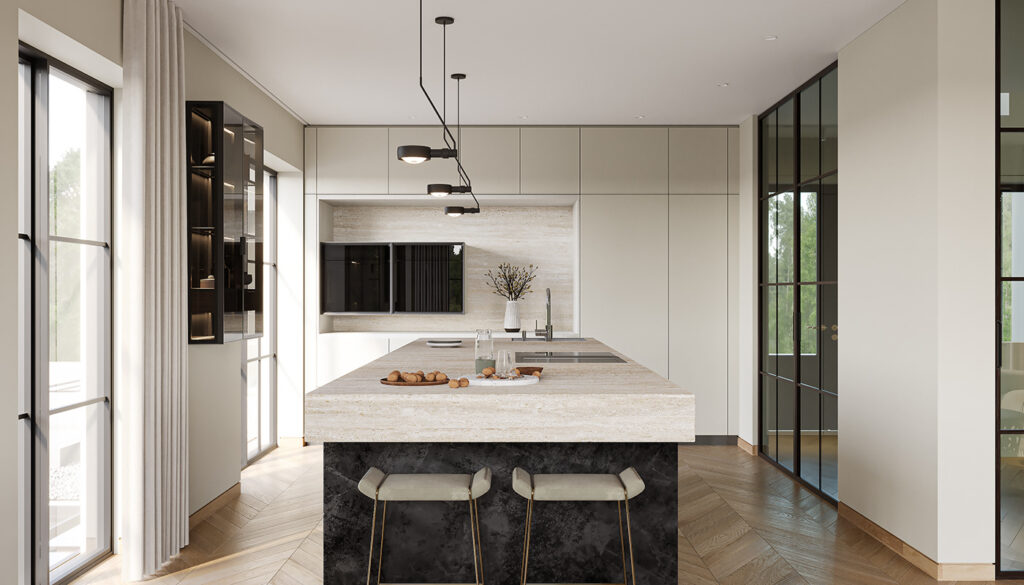 light kitchen with black island