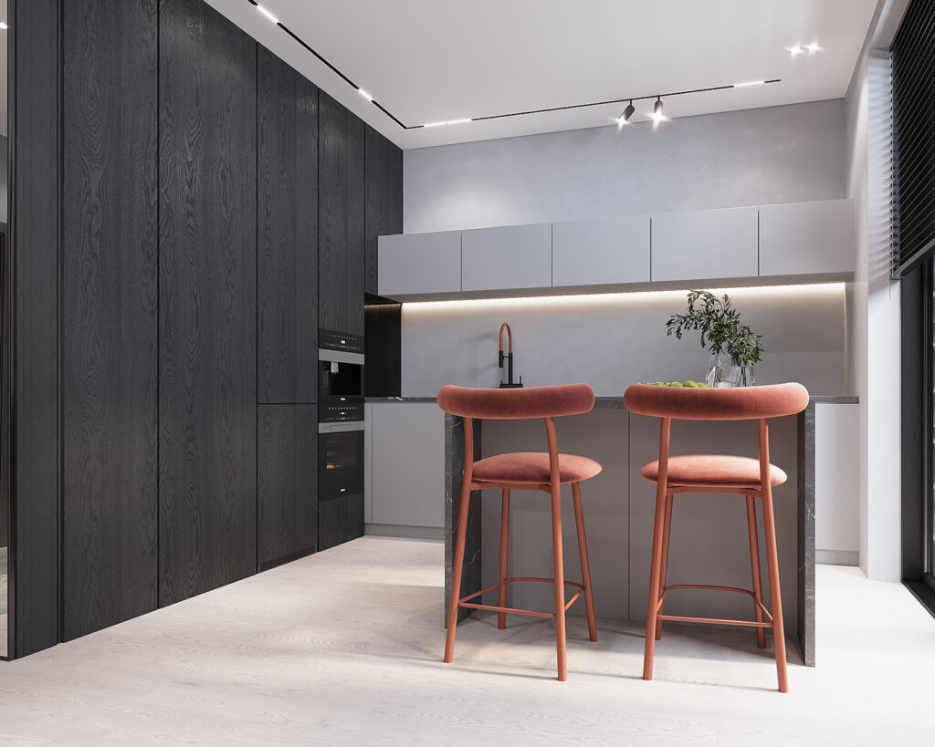 rust bar stools in dark gray kitchen