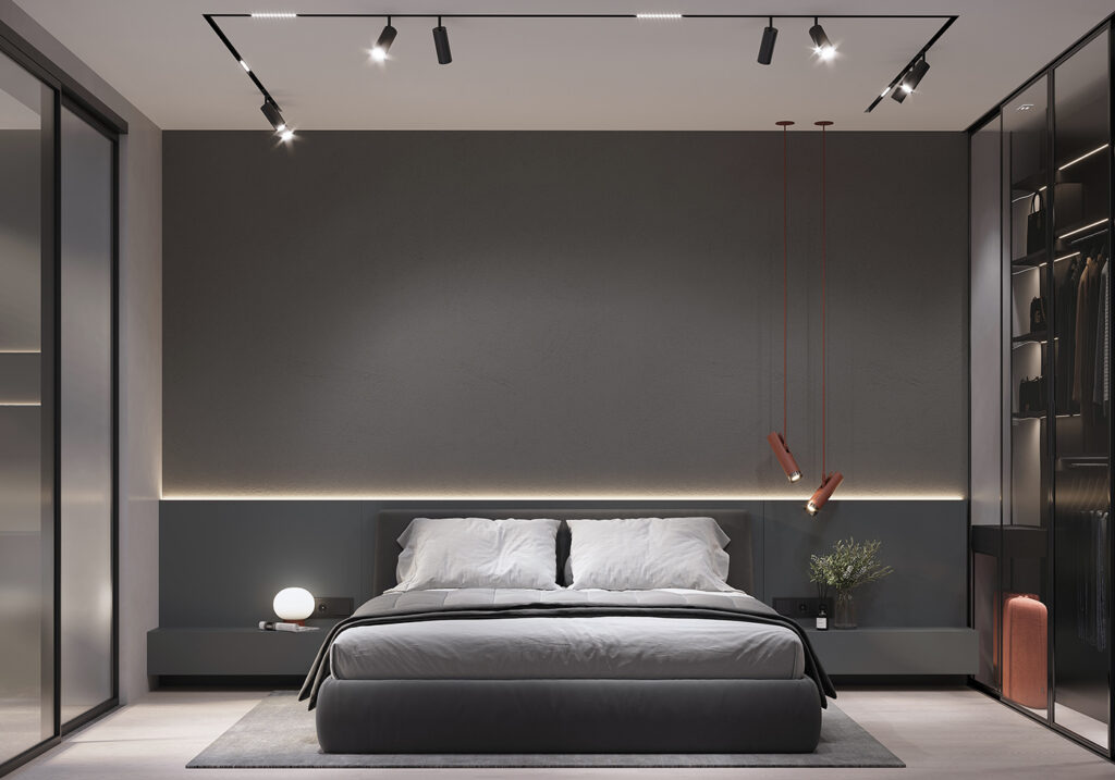 slate bedroom with track lighting