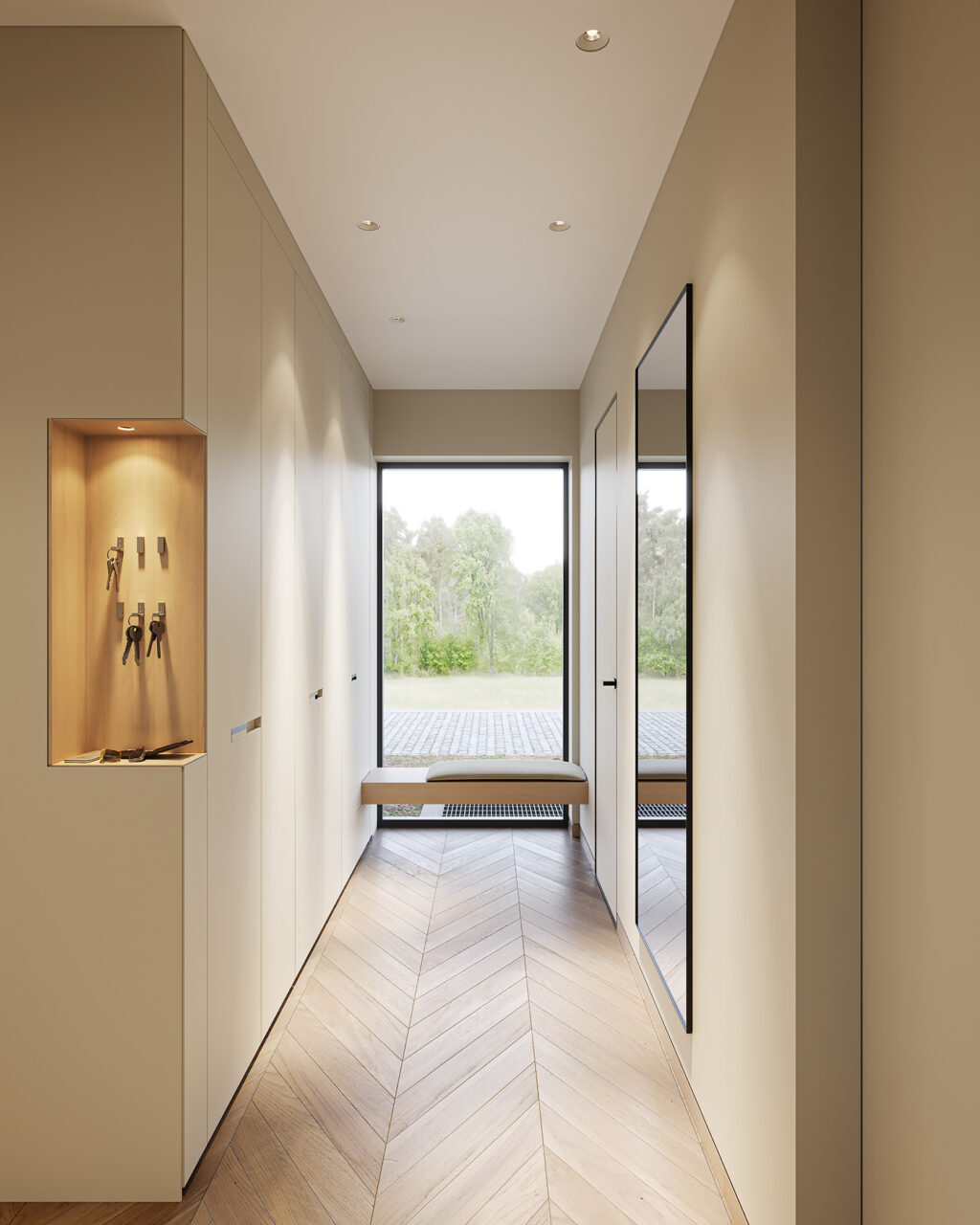 sleek corridor with illuminated key holders