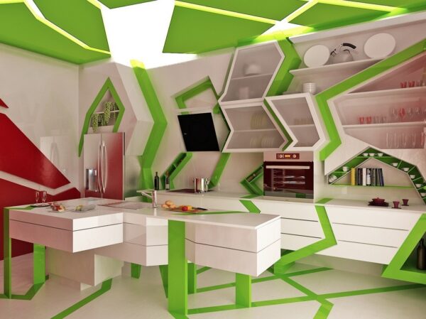 Green white unique contemporary kitchen