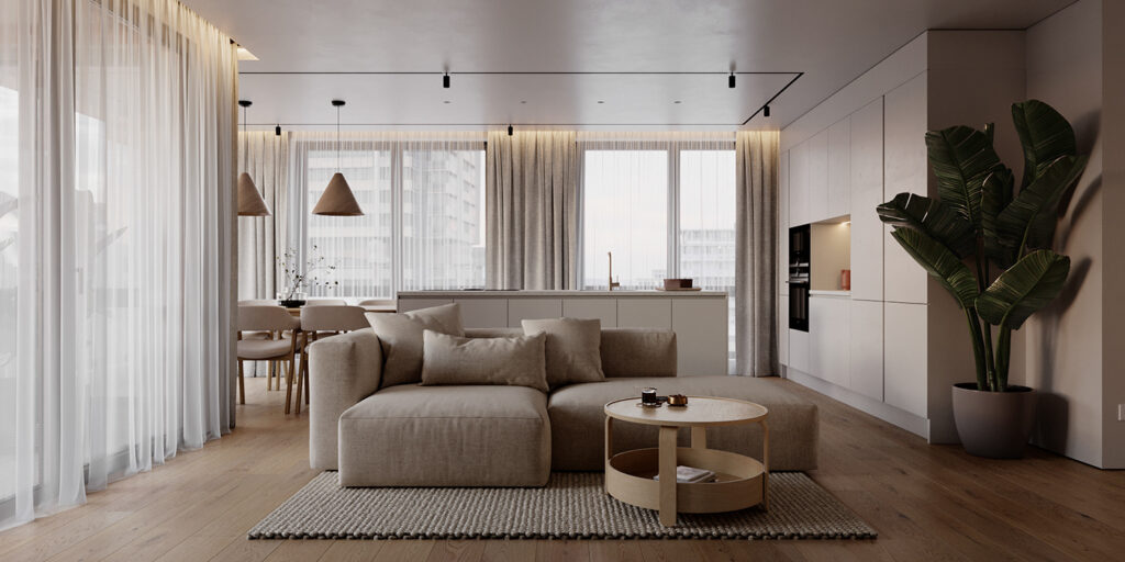 european minimalist living room with sectional