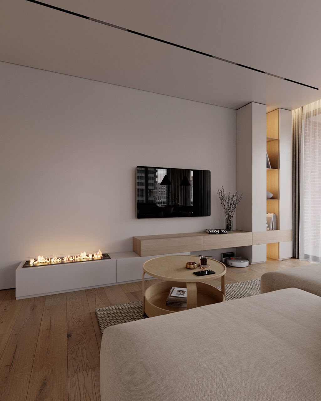 modern entertainment complex and linear fireplace