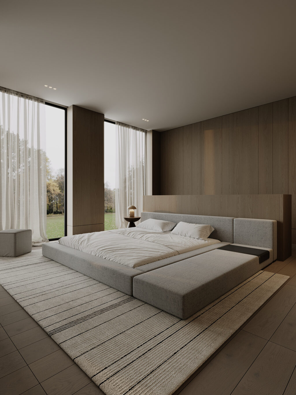 modern open bedroom with wooden accents