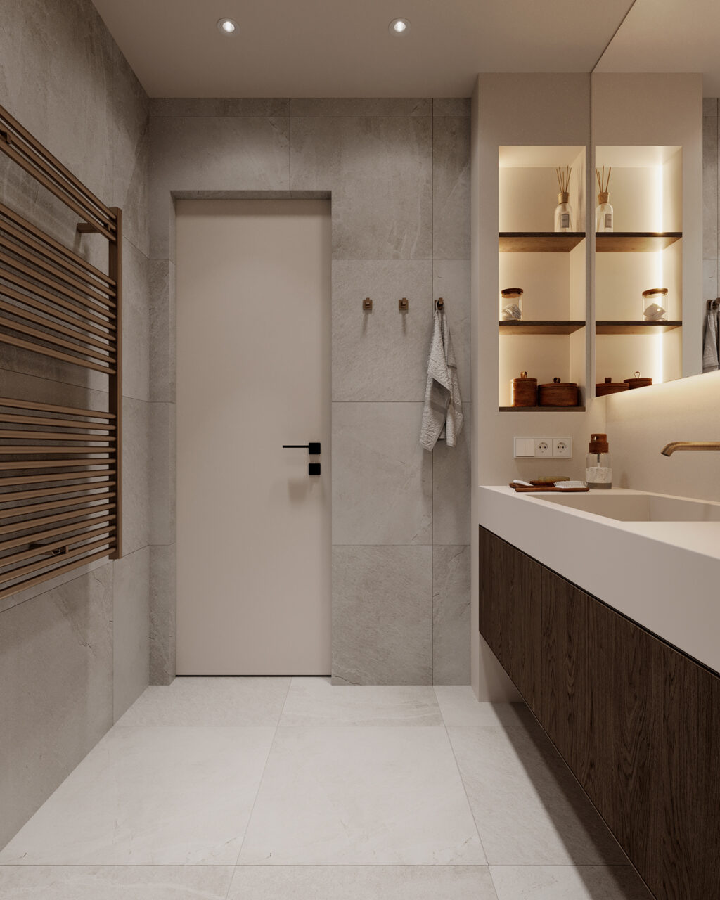 neutral bathroom with wooden accents