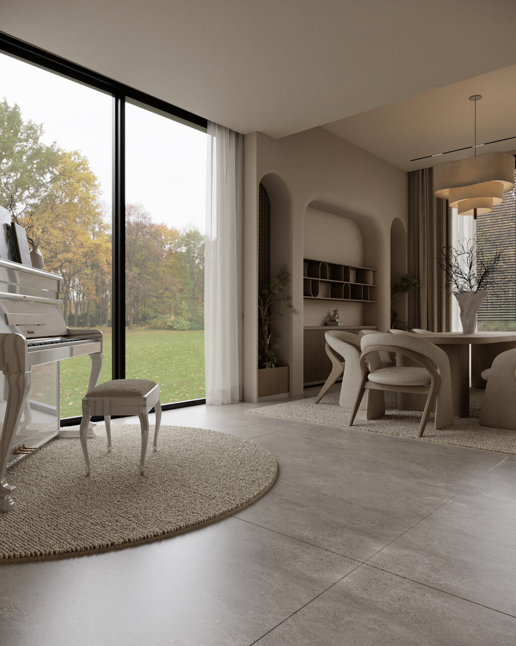 piano and dining area in open floor plan