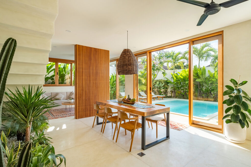 dining area with pool view