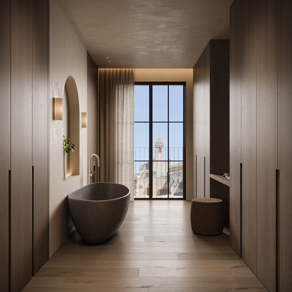 freestanding stone tub in wooden space