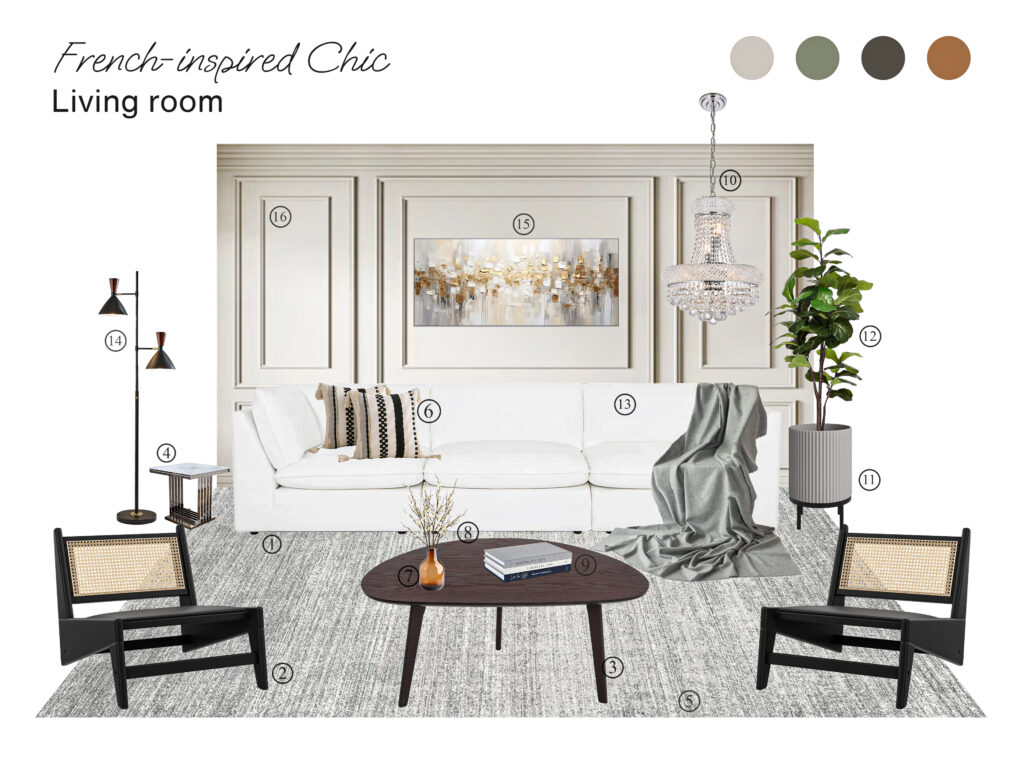 french inspired chic living room board