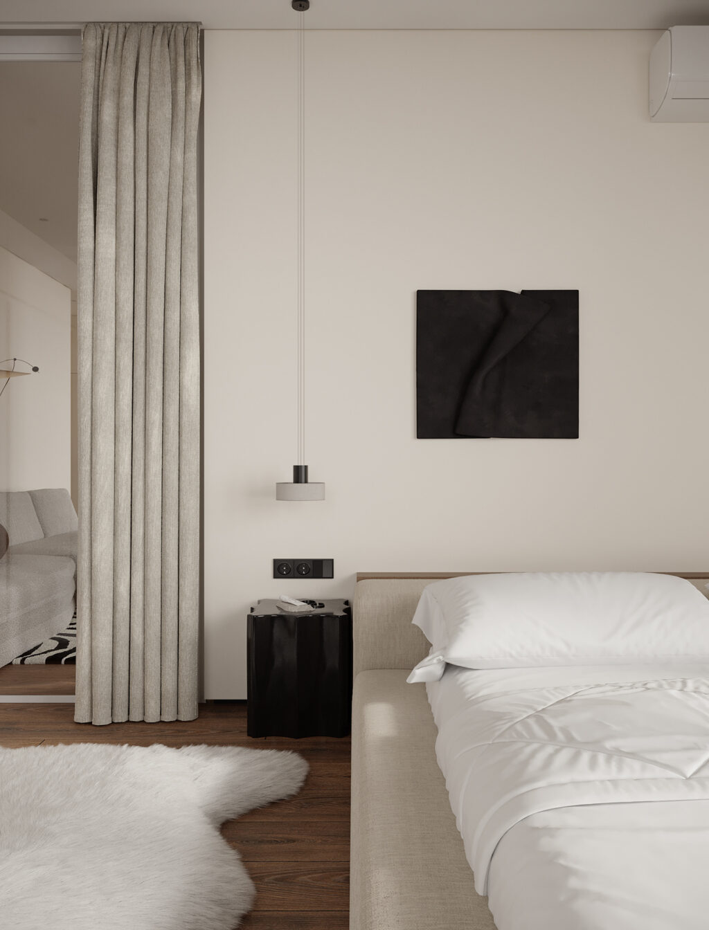 minimal soft upholstered bed and black nightstand