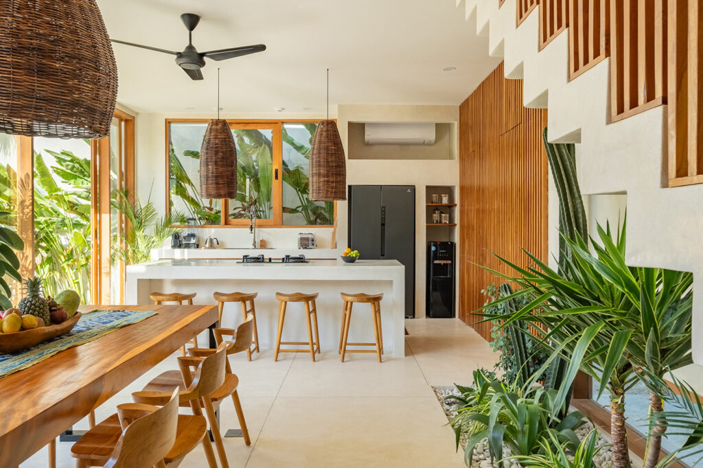 open floor kitchen and dining in boho style