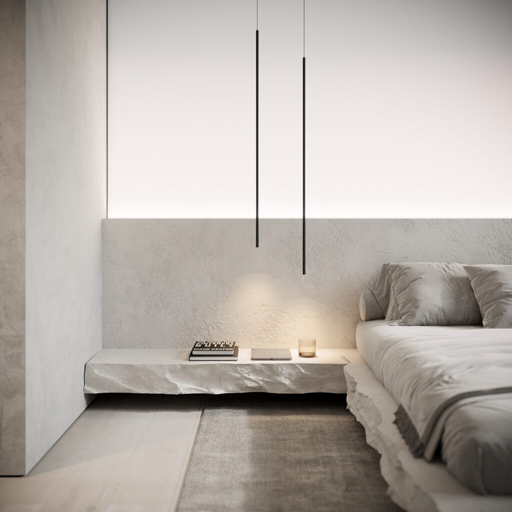 sleek rod pendant lights over stone nightstand