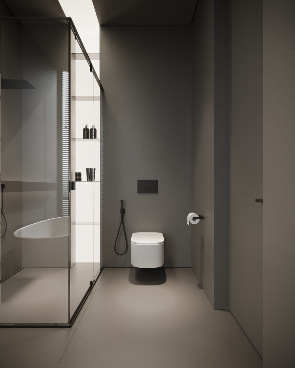 wall mounted toilet in gray bathroom