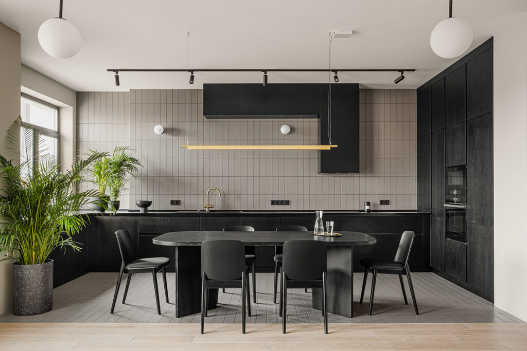 white and grey kitchen and dining