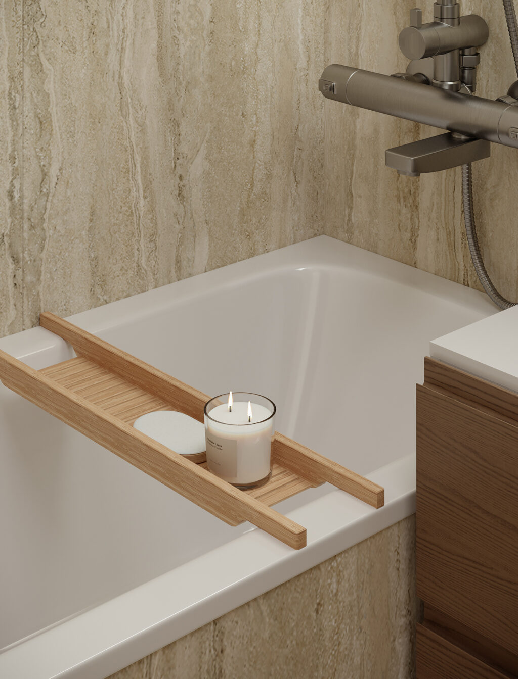 wooden bathtub caddy with scented candle