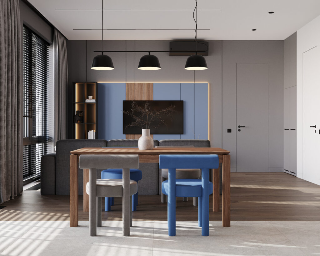 wooden dining table with gray and blue chairs