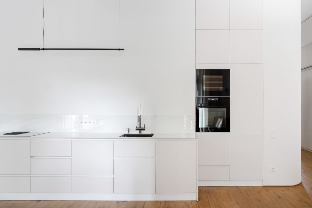 all white kitchen with built in appliances