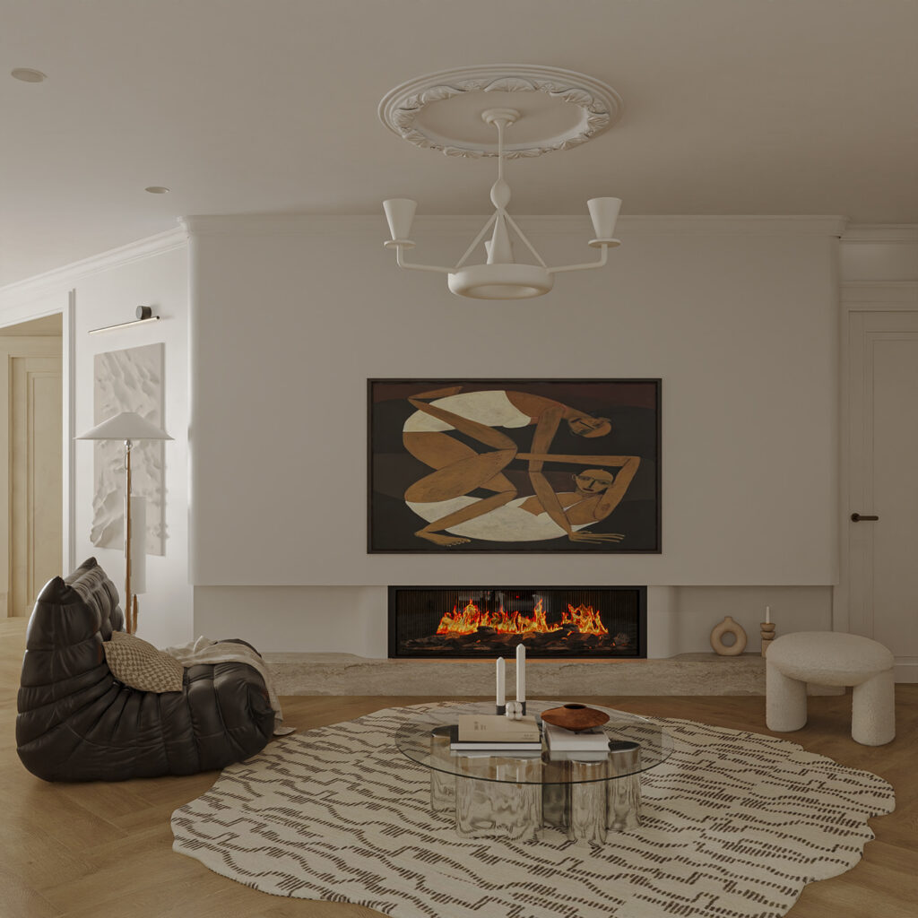 cubist inspired art over linear fireplace