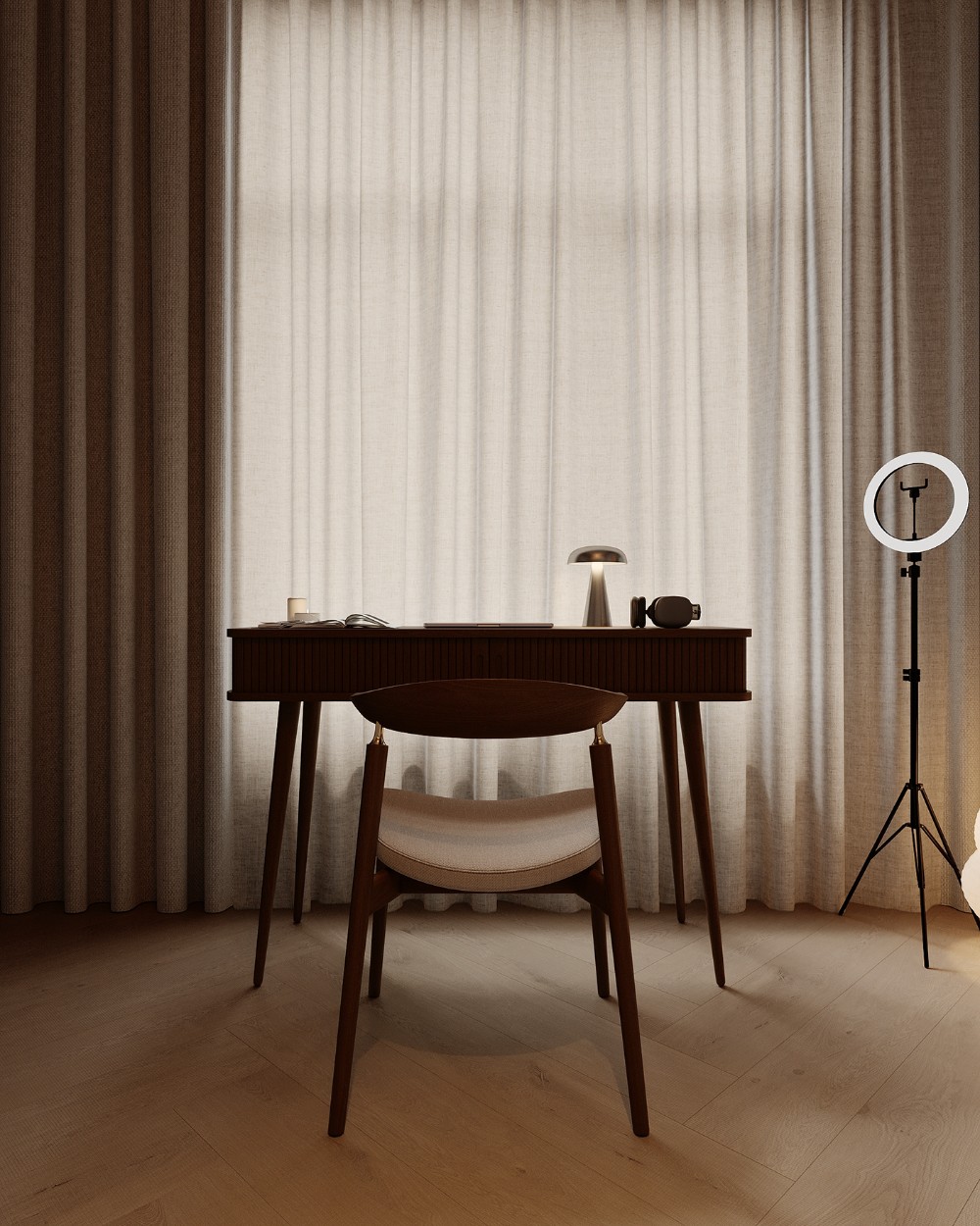 desk with flowerpot lamp