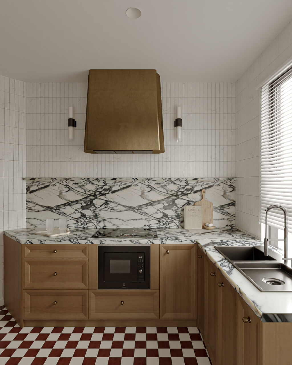 marble and striped tiles in kitchen